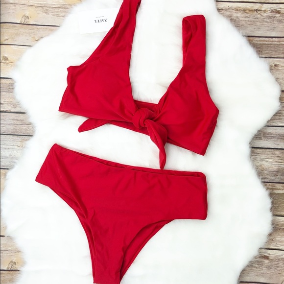 Zaful Bright Red Tie Front Padded Bikini Set - Picture 3 of 6